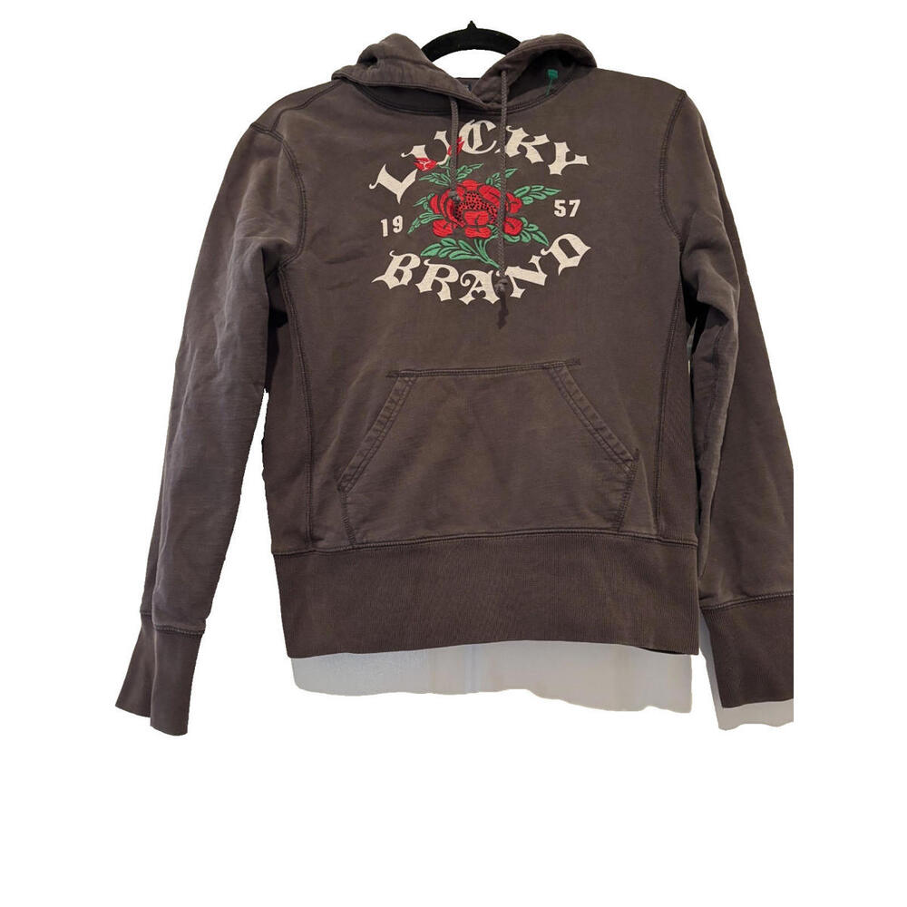 Vintage Y2k Lucky Brand sz‎ M brown emrbroidered hoodie sweatshirt cotton #3168